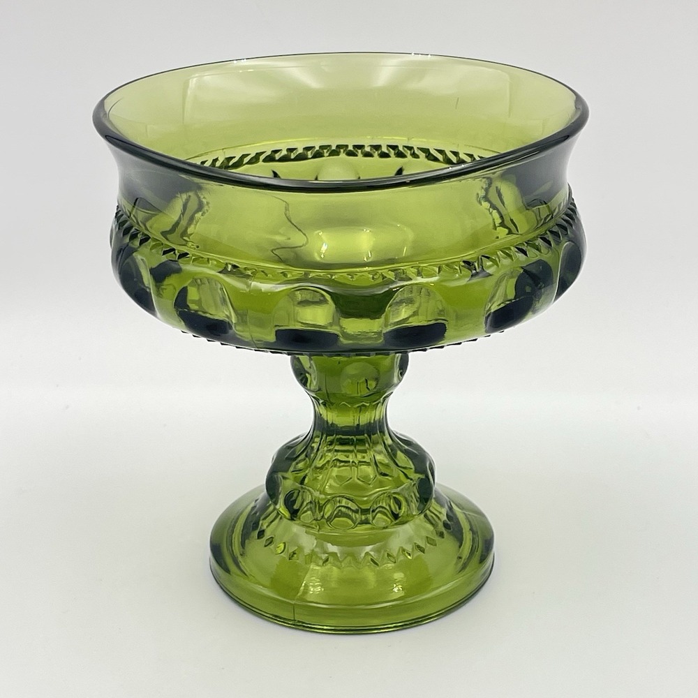 Vintage 1960s Indiana Glass Kings Crown Thumbprint Green Compote Candy Dish